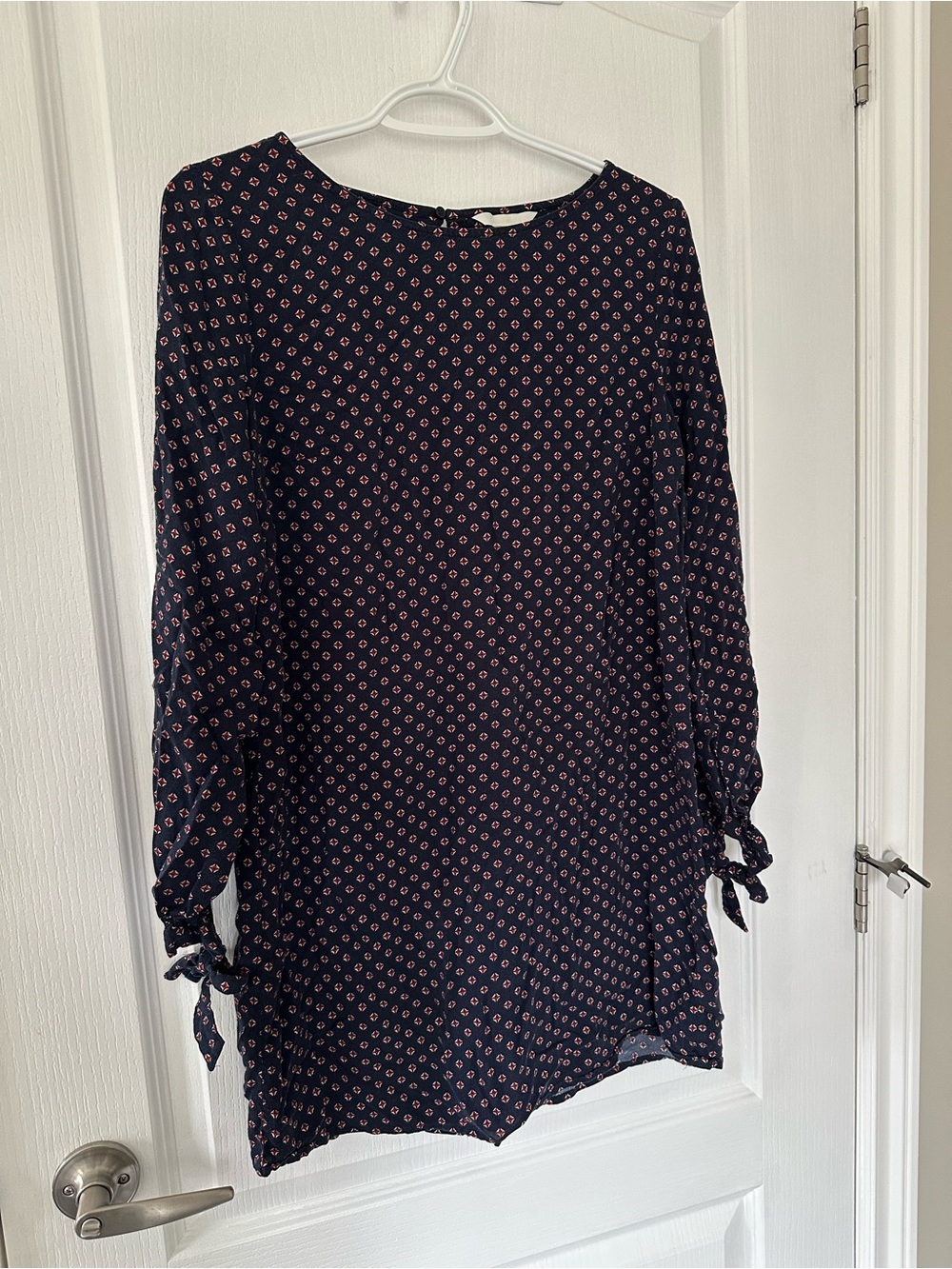 H&M Navy Blue Geometric Diamond Print Shift Dress Tie Sleeve Boho Academia 10